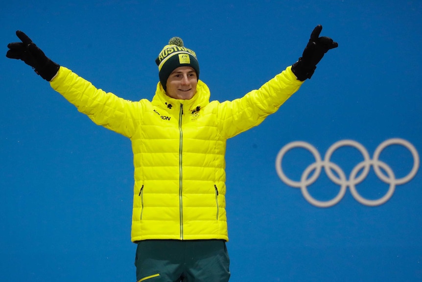 Australia's Matt Graham celebrates silver in the men's moguls in Pyeongchang