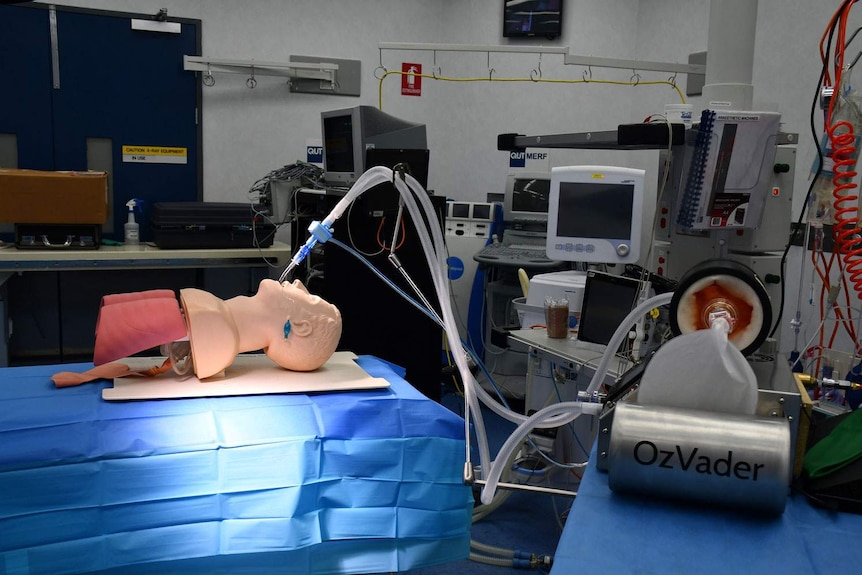 The locally made OzVader ventilator hooked up to a test dummy in a clinic in Brisbane.