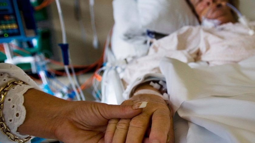 An intensive care patient is comforted at the Royal North Shore Hospital.
