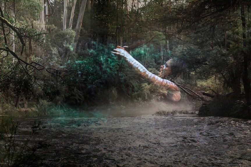 A holographic-like image of a Djirri Djirri woman dancing is superimposed over an image of a clearing in a dense bushland area.