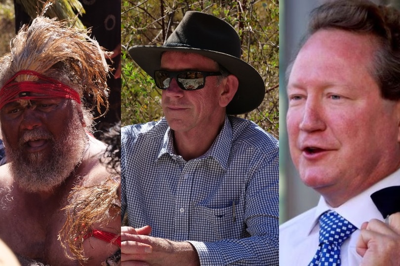 Composite image of Yindjibarndi leader Michael Woodley, Federal Court Justice Stephen Burley and mining magnate Andrew Forrest.