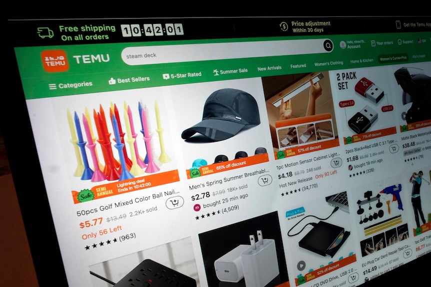 An online retail store showing a variety of products on a computer screen.