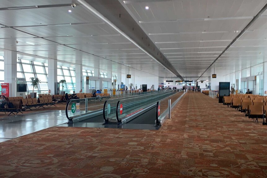 Empty escalators and mostly empty seats at Delhi airport.