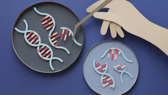 Conceptual paper illustration of human hands and DNA in a lab.