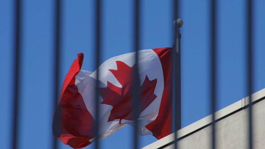 A Canadian flag waves against a blue sky behind out of focus bars in the foreground