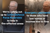 Two frames from a video show Scott Morrison twice, one in a dark suit, and another wearing a shirt with text overlaid.