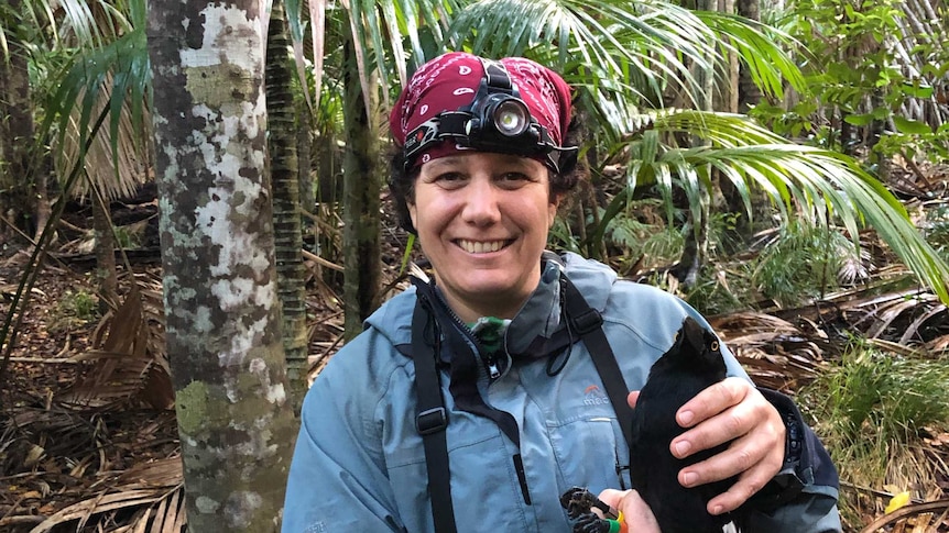 A woman standing in a rainforest, holding a currawong.
