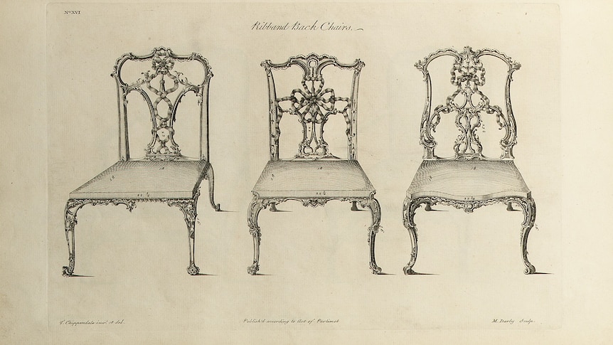 You view black and white etchings of ribband back chairs facing you.