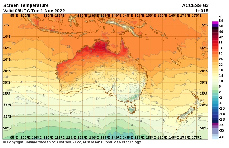 map of australia with dark red blotches extending across the north, and green and blue bands across the south