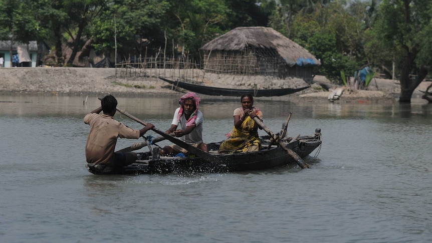 Wide shot of three people rowing a boat on a wide body of water.