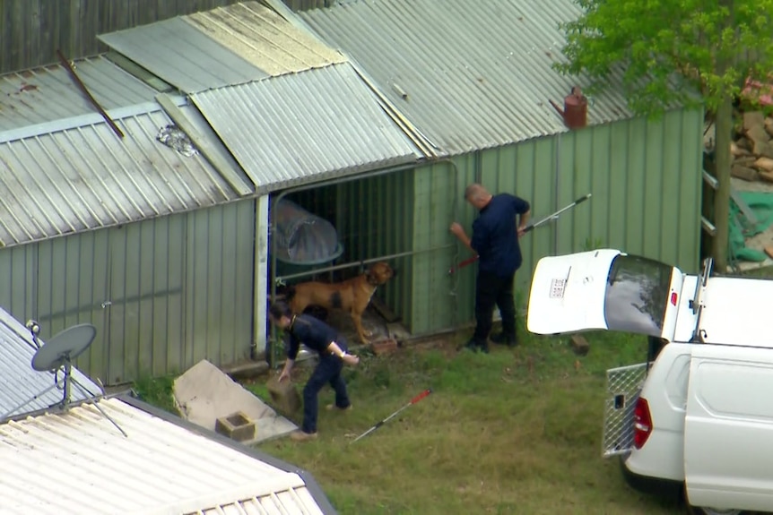 A policeman captures a dog in a shed. 