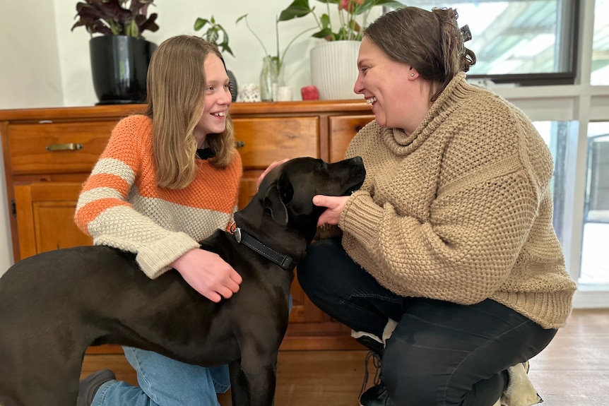 A girl and a woman exchange a smile while petting a dog in a living room.