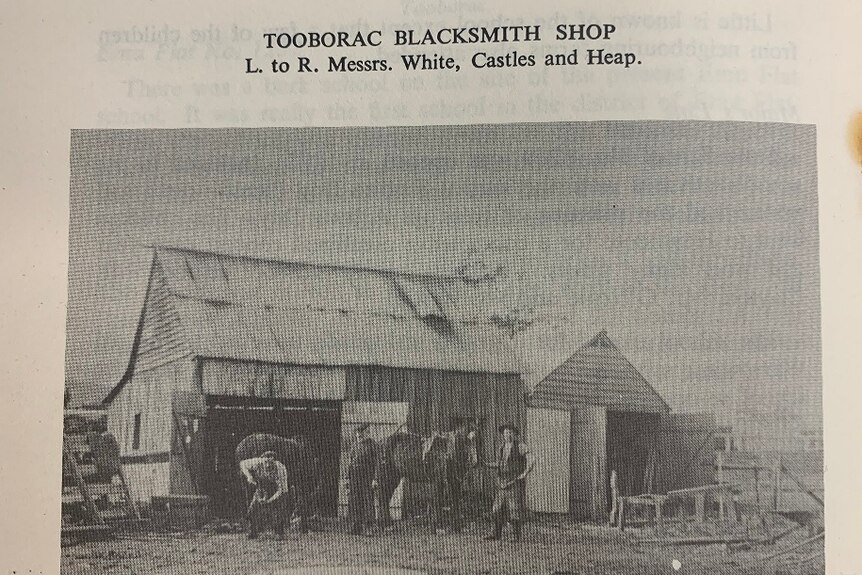 An old photograph of three men and a horse standing outside an old blacksmith's shed in Tooborac.