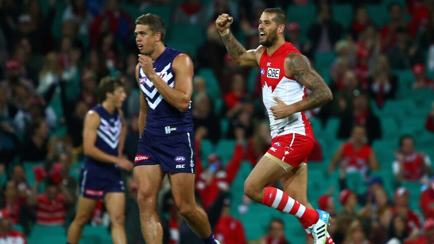 On song ... Lance Franklin celebrates a goal against the Dockers