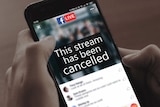 A graphic showing a man holding a smartphone with the words "This stream has been cancelled".