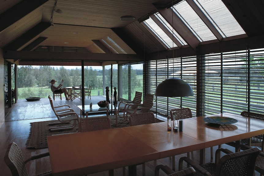 Living space inside architect Glenn Murcuttt's Kempsey farmhouse.