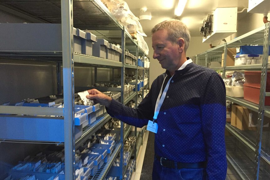 Dr Peter Cuneo looks at a seed packed inside a freezer room of the Seed Vault Mt Annan Australian Botanic Gardens