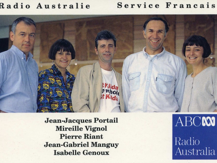 A promotional image showing Radio Australia's French language service team in 1995.