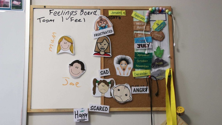 The feelings board has cut-out pictures of people's faces and words like 'happy' 'sad, and 'scared'.