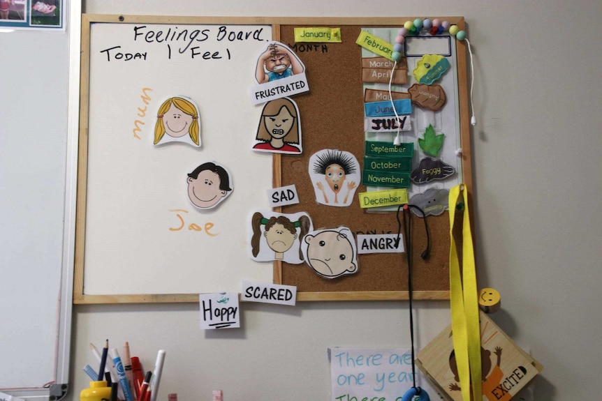 The feelings board has cut-out pictures of people's faces and words like 'happy' 'sad, and 'scared'.