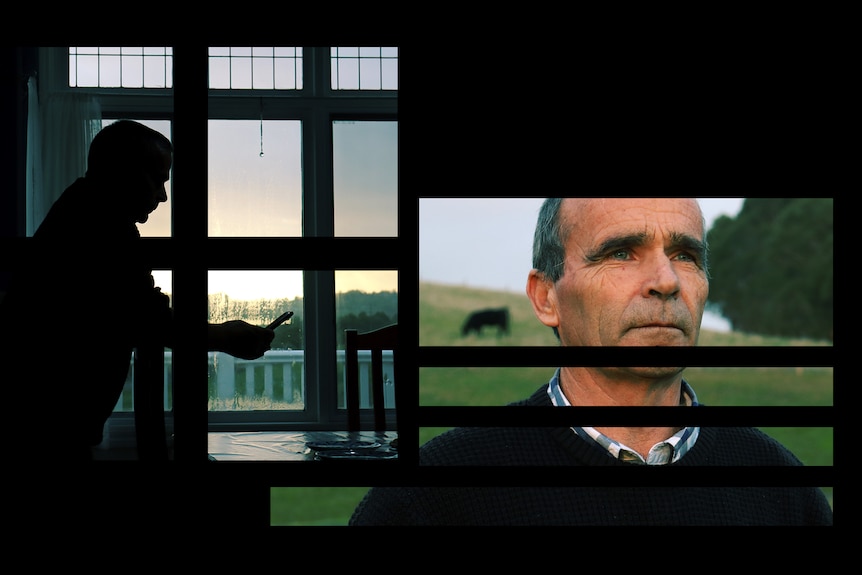 Images in separate spaced-apart rectangles showing Barry staring while standing in a field, and in silhouette on his phone. 