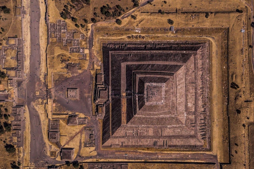 An aerial shot of the pyramids in Mexico City