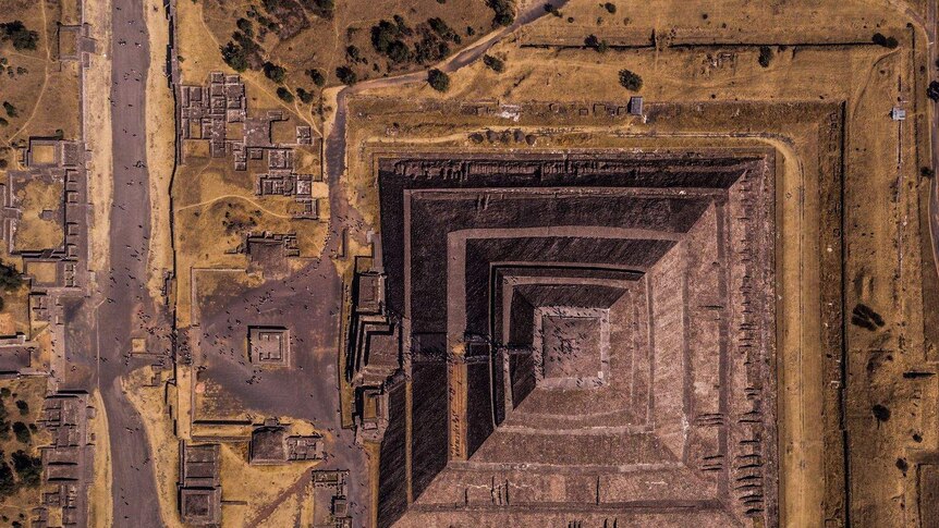 An aerial shot of the pyramids in Mexico City