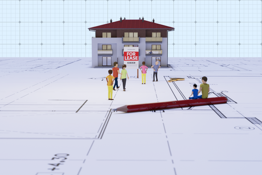 A graphic showing a crowd of people outside a cartoon house with a for lease sign.