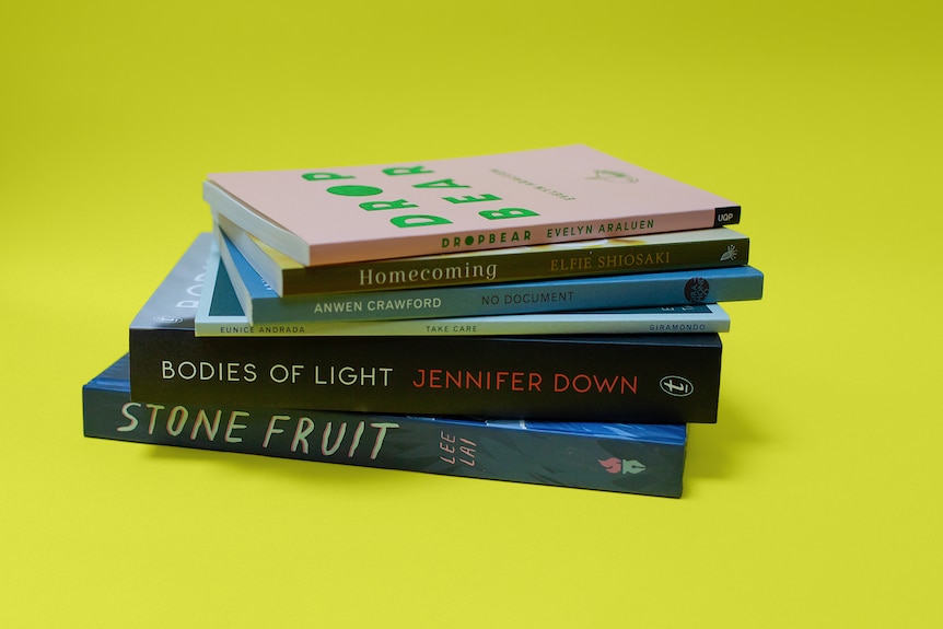 A stack of books on the Stella Prize 2022 shortlist