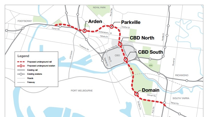 A map of the Melbourne Metro Rail Project.