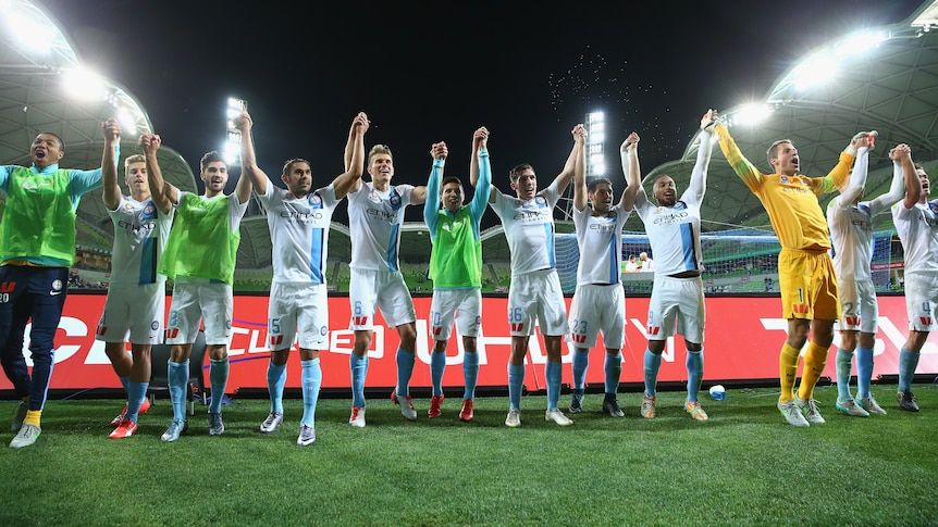 Melbourne City players celebrate after win over Perth Glory at AAMI Park on November 27, 2015.