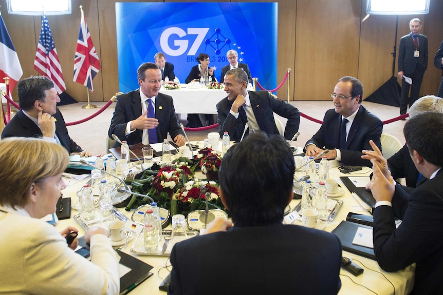 Leaders gather at a session dedicated to the global economy during the G7 Summit in Brussels.