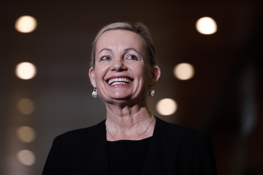 Sussan Ley wearing a black blazer, shot from below with a big smile looking to the right