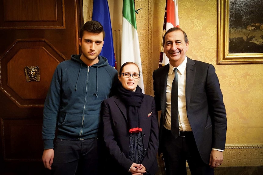 Lorenzo Pianazza and Claudia Castellano meet with beppe sala in his office