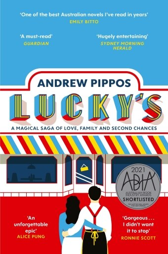 The book cover of Lucky's by Andrew Pippos, an illustration of a couple looking at a shop