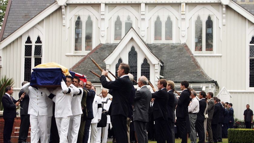 The casket of Sir Edmund Hillary leaves St Marys church