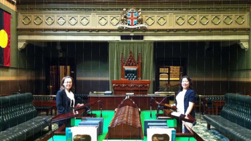 Two women stand on either side of a desk in a house of parliament.
