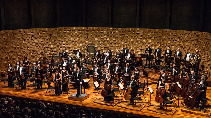 Tasmanian Symphony Orchestra on stage in Hobart