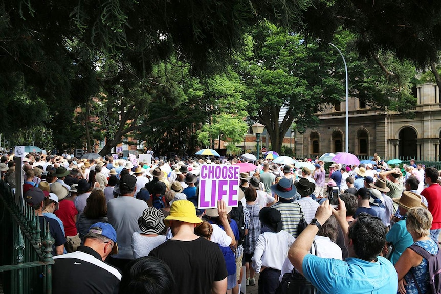Hundreds of people in view gather at the 'March for Life' rally on March 18, 2018 in Brisbane's CBD.