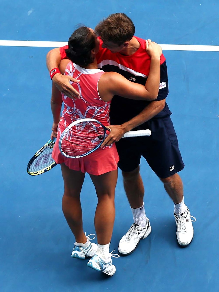 Jarmila Gajdosova and Matthew Ebden celebrate winning their semi-final.