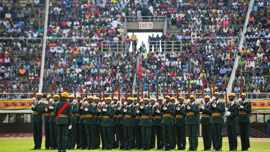 The military parade stand ready at the presidential inauguration ceremony of Emmerson Mnangagwa