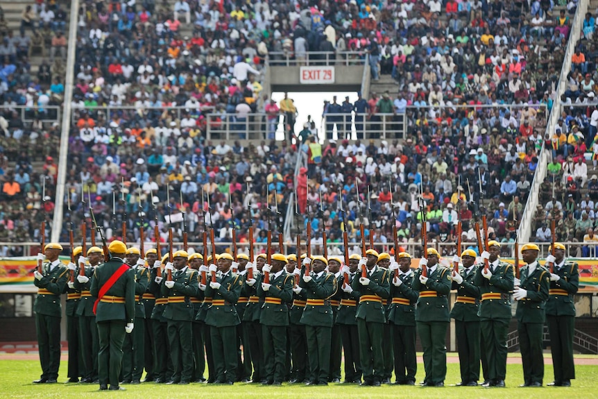 The military parade stand ready at the presidential inauguration ceremony of Emmerson Mnangagwa