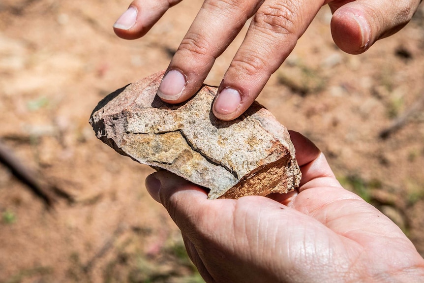 A woman holds her fingers into a specific position on a rock as to indicate how it might have been used by ancestors.