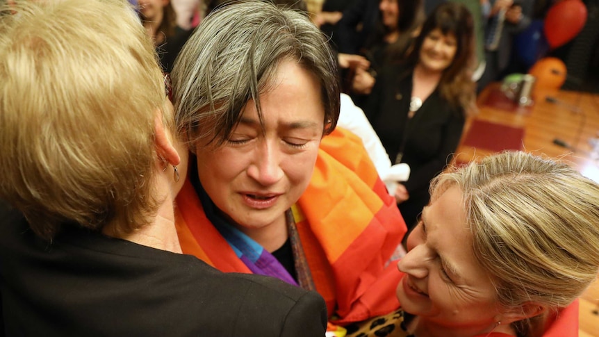 Penny Wong reacts after the same-sex marriage survey yes result