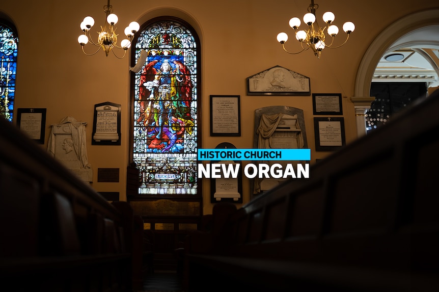 St James Church stained glass windows with words 'Historic churcg new organ'
