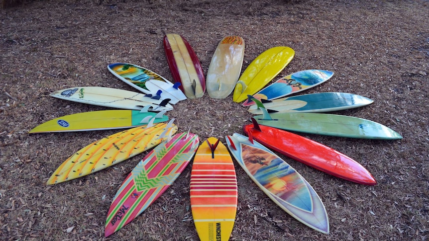 A variety of vintage surfboards arranged in a circle