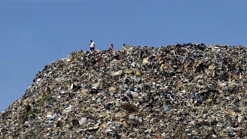 Lebanese men stand on top of a mountain of garbage