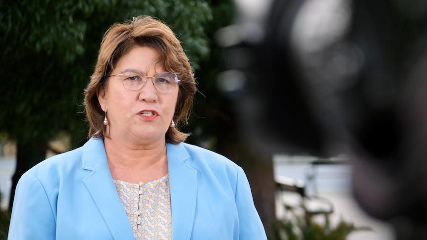 A woman wearing a light blue blazer and glasses stares into a news camera with a tree behind her