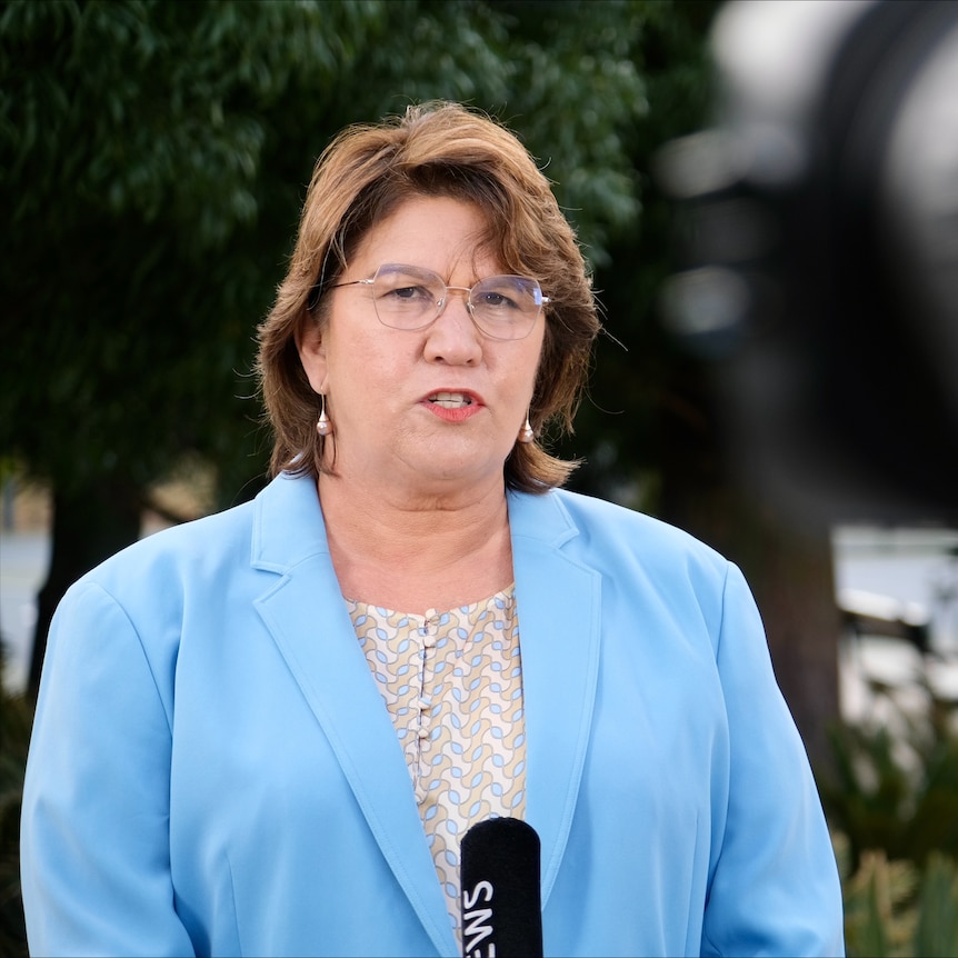 A woman wearing a light blue blazer and glasses stares into a news camera with a tree behind her