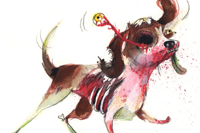 A cartoon drawing of a zombified dog